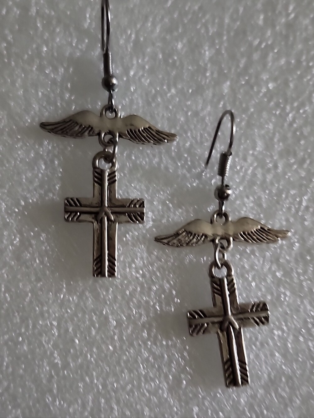 Hand Crafted Silver Wing and Cross Dangle Earrings